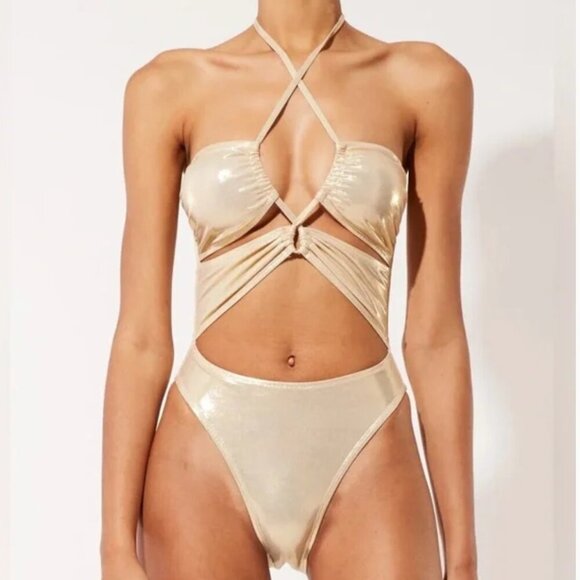 Solid and Striped The Ariana One Piece Cut Out Swimsuit Pale Gold Liquid Foil M - Picture 5 of 7